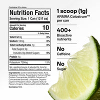 Nutrition facts label for ARMRA Colostrum Soda with lime wedge, showing 10 calories per 12 fl oz can and ingredient list.