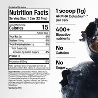 Nutrition facts label and product information for ARMRA Colostrum Soda showing 15 calories per 12 fl oz can, ingredients, and