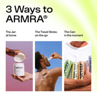 Three ARMRA Colostrum products shown: a jar held between hands, a travel stick being consumed, and three cans in different fl