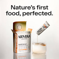 ARMRA Colostrum powder in white canister with blood orange flavor, single travel stick pouch pouring into glass of water.