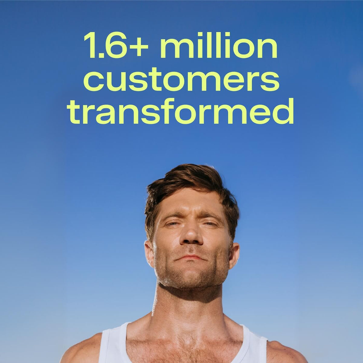 Man with dark hair and facial hair wearing white sleeveless shirt against blue background with yellow text.