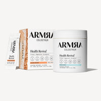 ARMRA Colostrum set with Blood Orange travel sticks and Unflavored powder in white container.