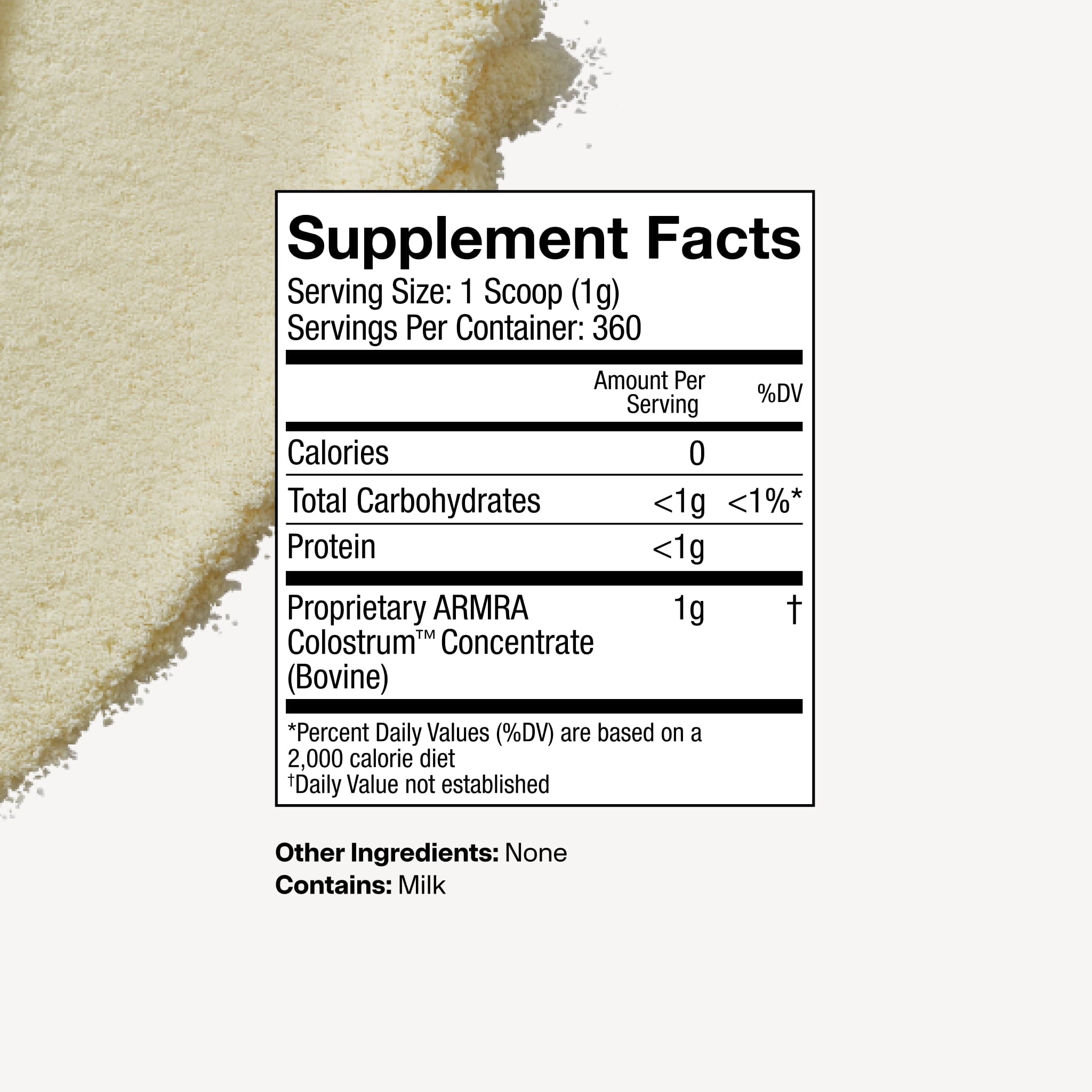 Supplement facts label with a scoop of powder on a white background