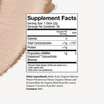 Supplement facts label with a scoop of powder on a white background