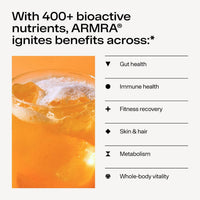 Glass of orange-colored beverage with ice cubes next to text listing health benefit categories.