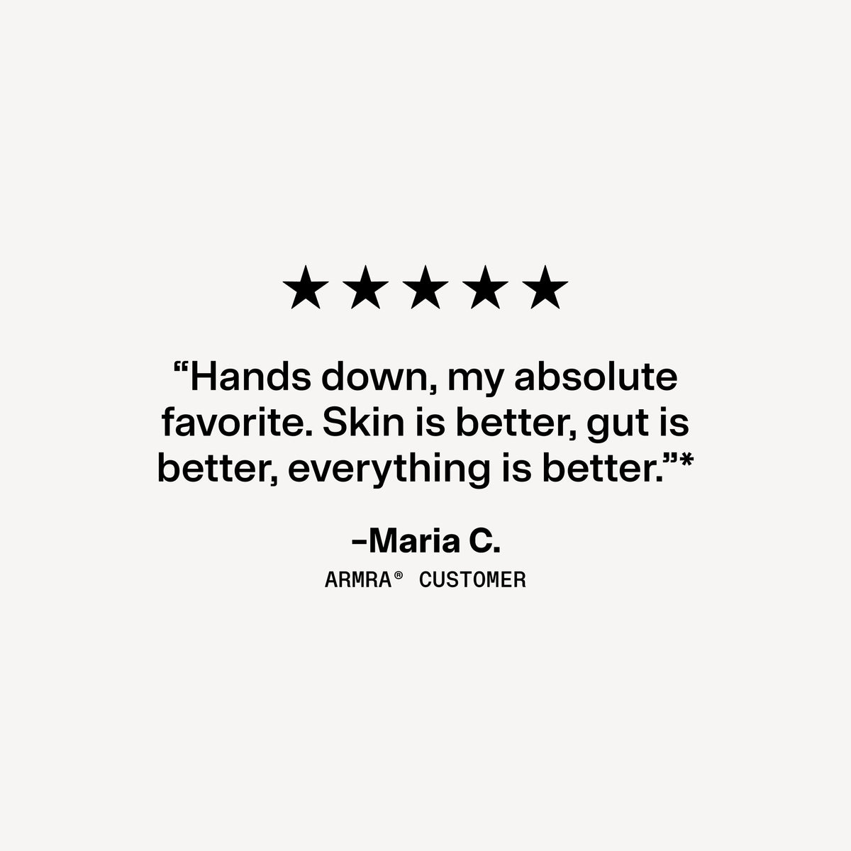 Five-star review with a quote from a Maria C. customer on a white background