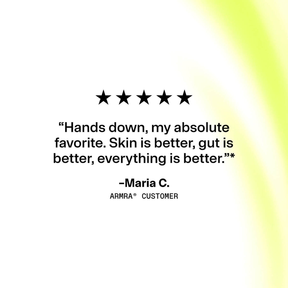 Five-star customer review for ARMRA Colostrum Revitalizer Set with quote and yellow gradient background.