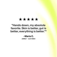 Five-star customer review for ARMRA Colostrum Revitalizer Set with quote and yellow gradient background.