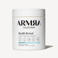 White cylindrical jar of ARMRA Colostrum unflavored powder with white lid, labeled with product name and 120 servings, 4.3oz.