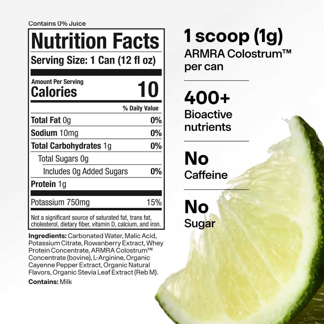 Nutrition facts label for ARMRA Colostrum Soda with lime wedge, showing 10 calories per 12 fl oz can and ingredient list.