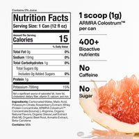 Nutrition facts label for pomelo-basil colostrum soda showing 15 calories per 12 fl oz can, with pomelo fruit slice visible.