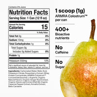 Nutrition Facts label and pear with ginger root for ARMRA Colostrum Soda 12-pack showing 15 calories, no sugar, and no caffei