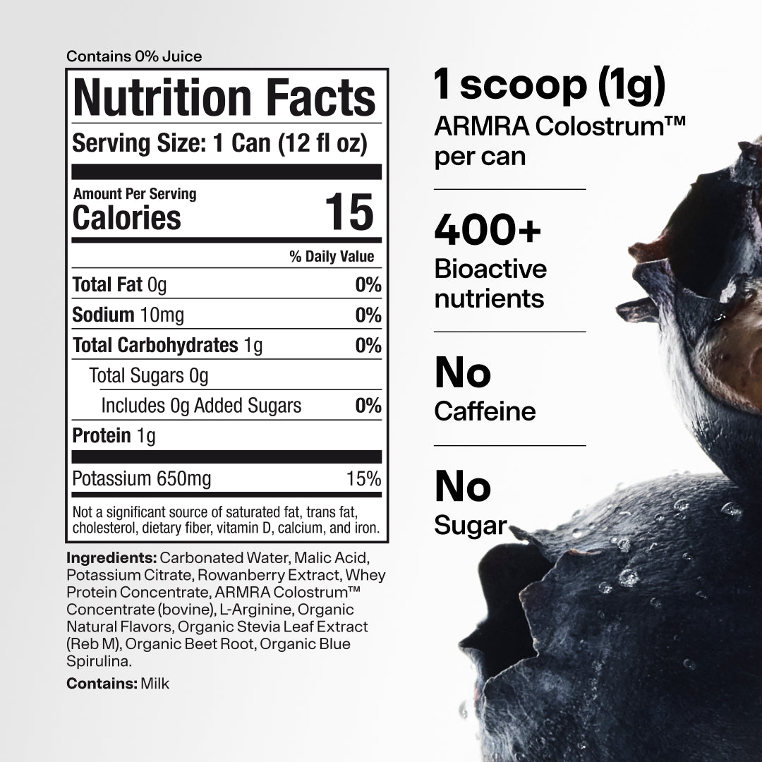 Nutrition facts label and product information for ARMRA Colostrum Soda showing 15 calories per 12 fl oz can, ingredients, and