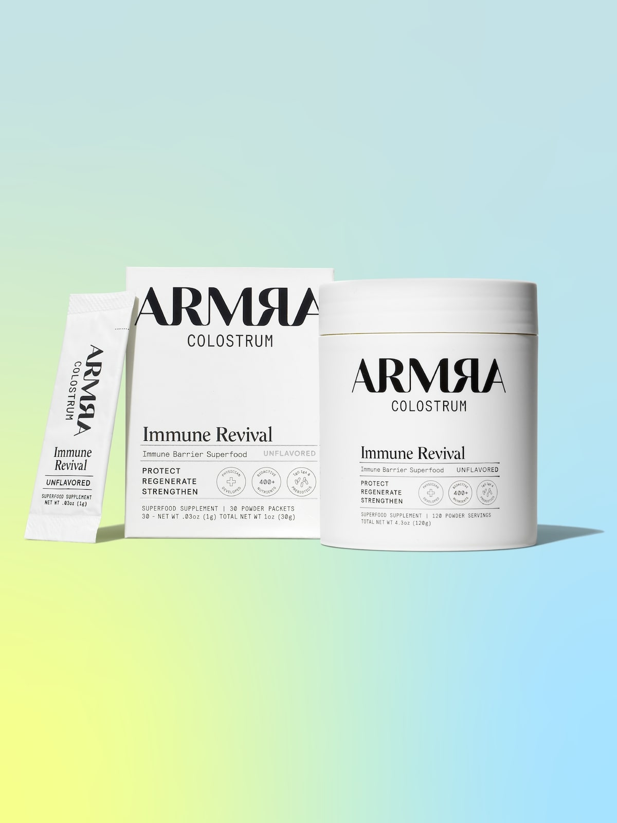 ARMRA Health Revival Unflavored Jar and Travel Stick Box next to a travel stick 