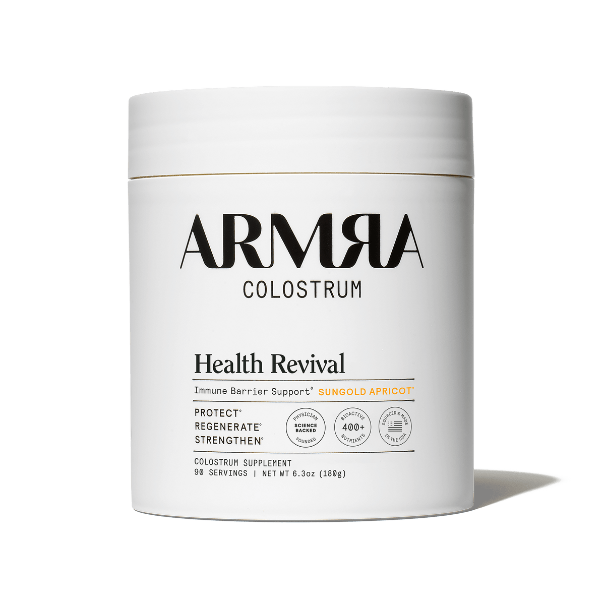 White cylindrical jar labeled ARMRA Colostrum Health Revival in Sungold Apricot flavor, 6.3oz.