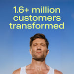 Man in a white tank top against a blue sky with text about customer transformation.