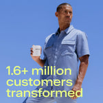 Man holding jar of ARMRA Colostrum with text that reads 1.6+ million customers transformed