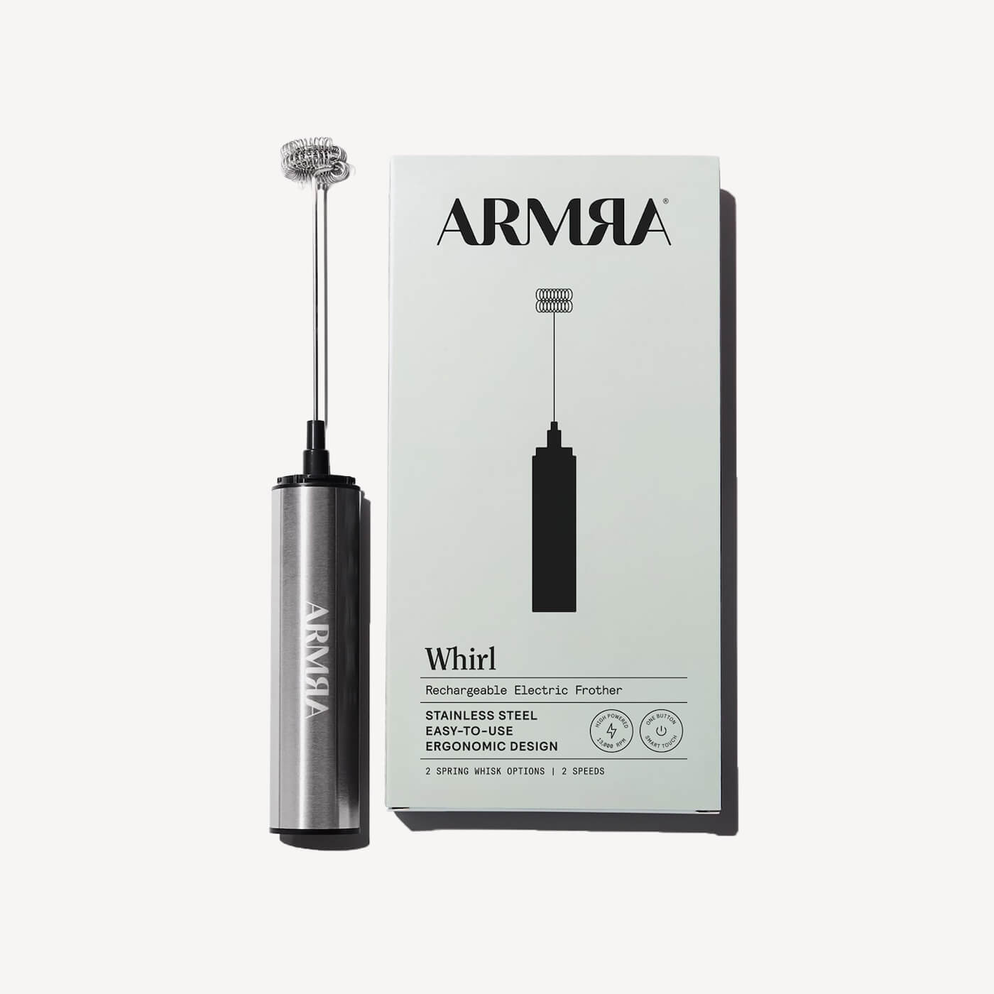 ARMRIA Whirl electric frother with packaging on a white background