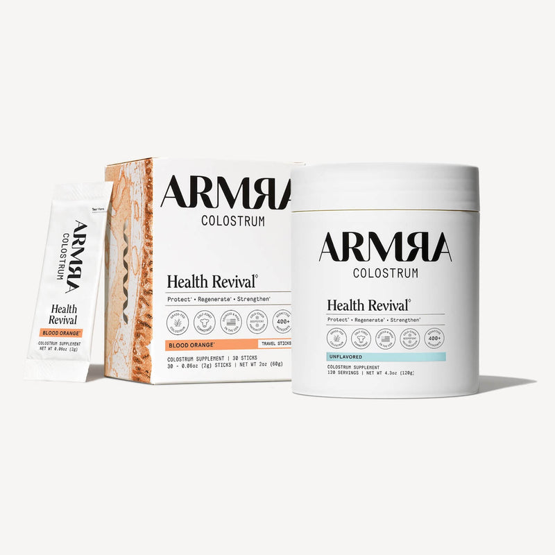 ARMRA Colostrum set with Blood Orange travel sticks and Unflavored powder in white container.
