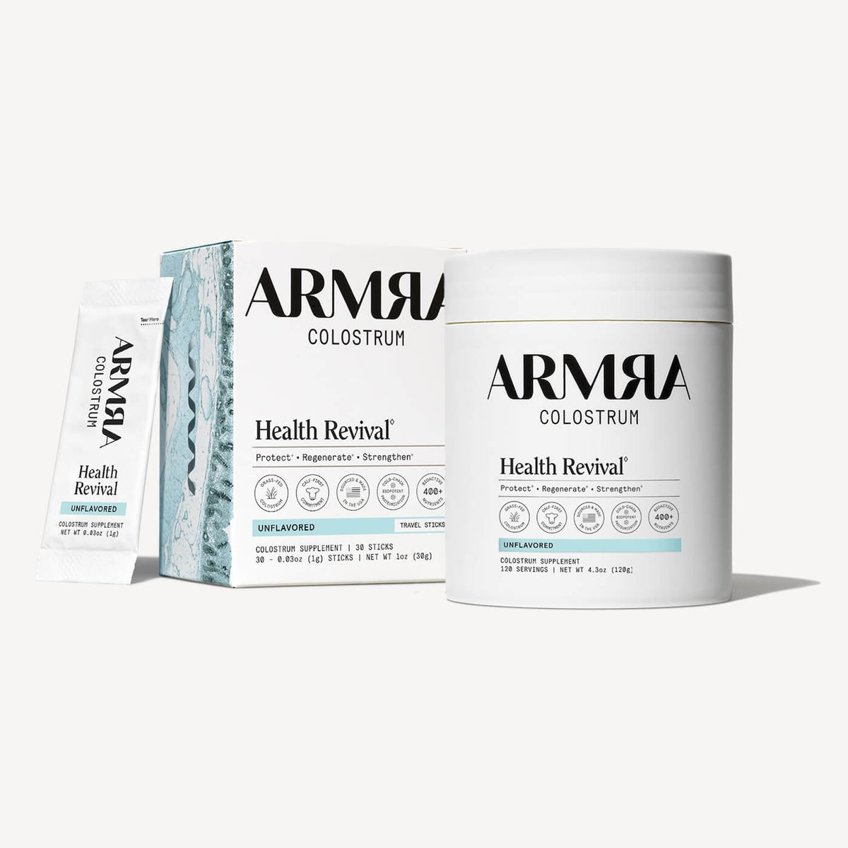 ARMRA Colostrum Health Revival set containing unflavored powder in a white jar and travel stick packets.