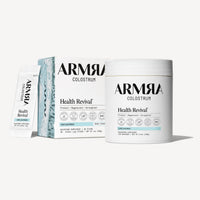 ARMRA Colostrum Health Revival set containing unflavored powder in a white jar and travel stick packets.