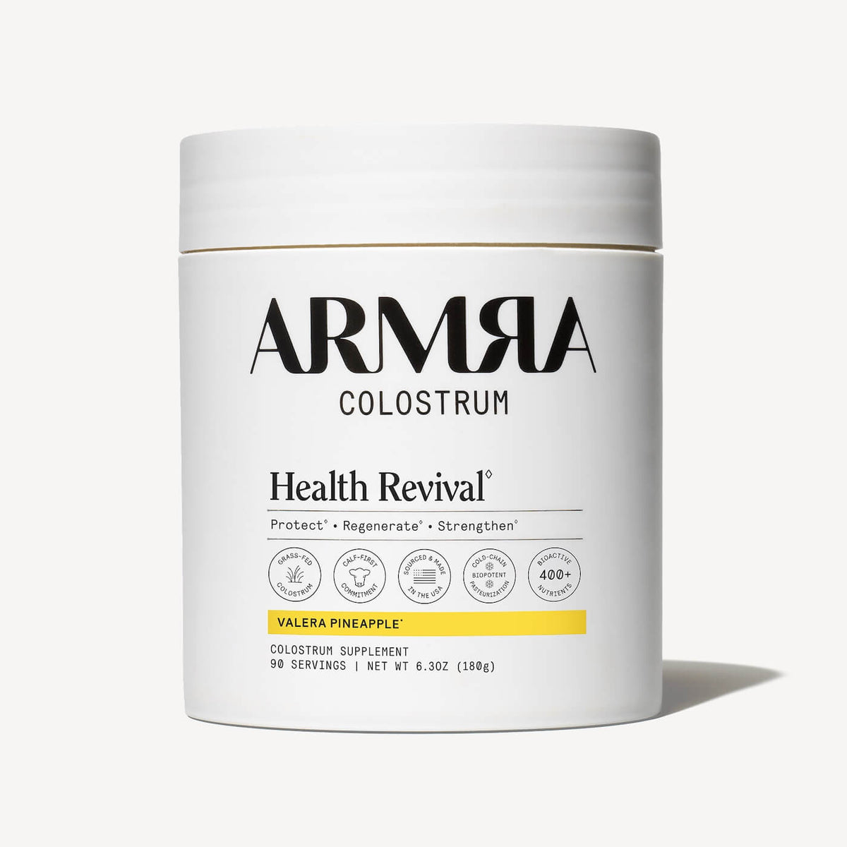 ARMRA Colostrum Health Revival supplement container on a white background