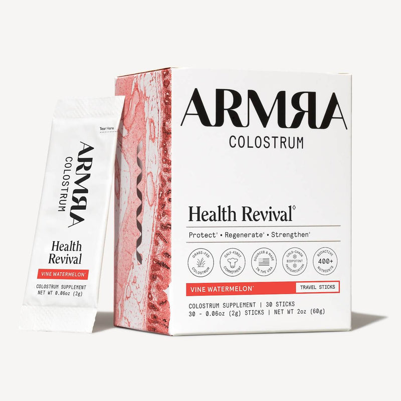 ARMRA Colostrum Health Revival vine watermelon travel sticks box with individual packet displayed.