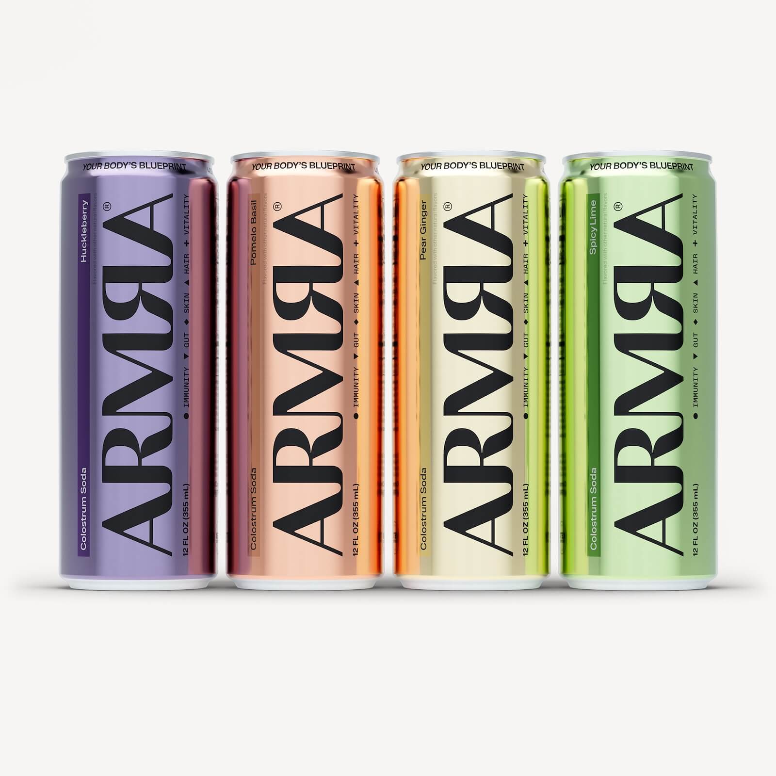 4 cans of ARMRA Colostrum Sod: Huckleberry, Spicy Lime, Pomelo Basil, Pear Ginger