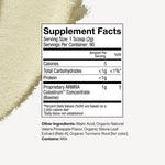 Supplement facts label with protein powder in the background