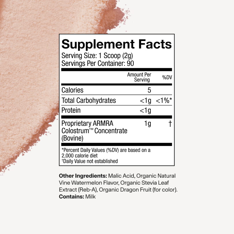 Supplement facts label with a scoop of powder on a white background