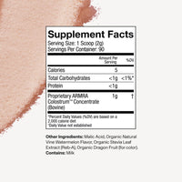 Supplement facts label with a scoop of powder on a white background