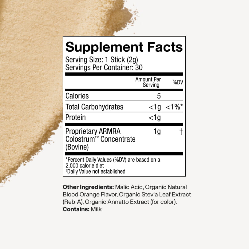 Supplement facts label with a scoop of powder on a white background
