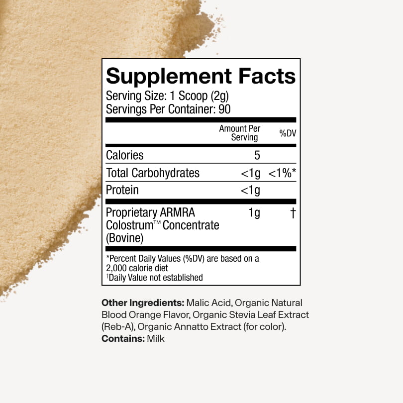 Supplement facts label with a scoop of powder on a white background