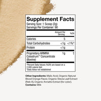 Supplement facts label with a scoop of powder on a white background