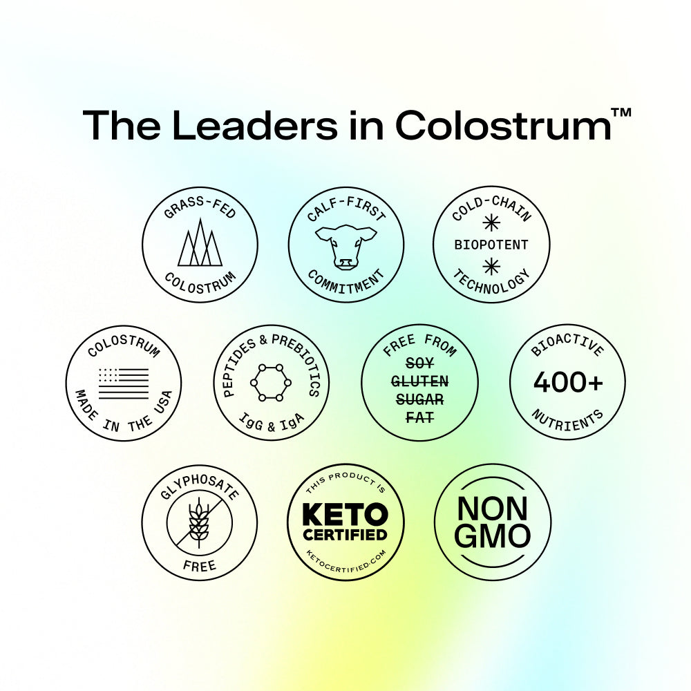 Logos of a company claiming to be 'The Leaders in Colostrum' with various certification badges on a gradient background.