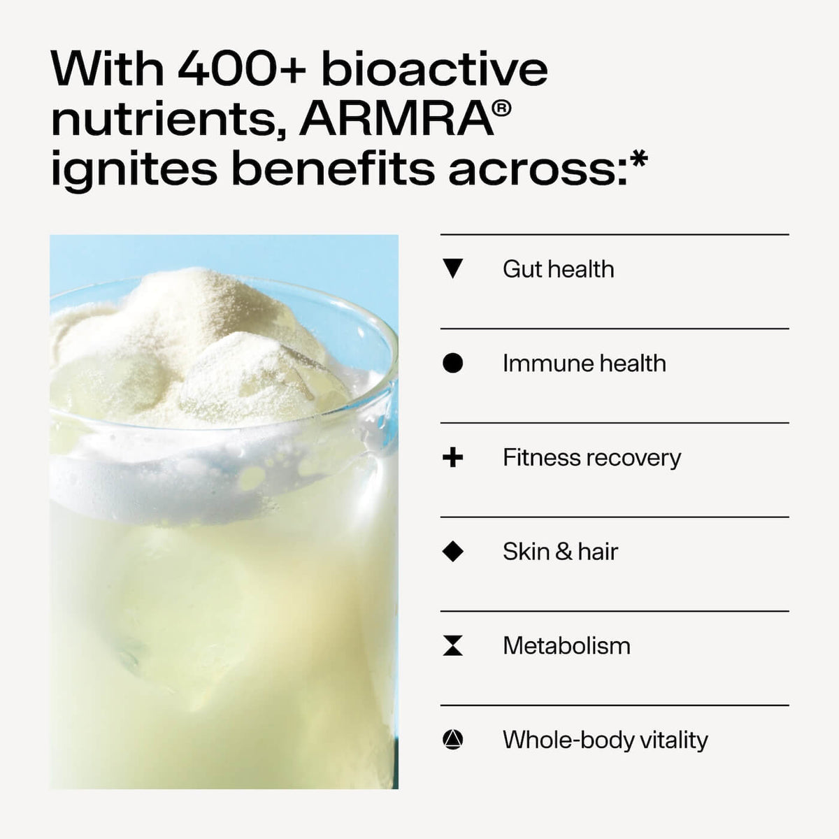 Glass containing pale yellow liquid topped with white powder; benefits list displayed on right side.
