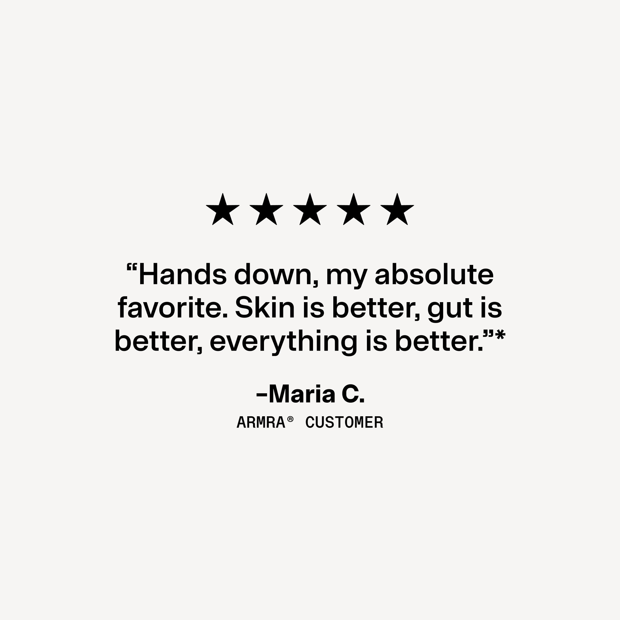 Five-star review with a quote from a Maria C. customer on a white background
