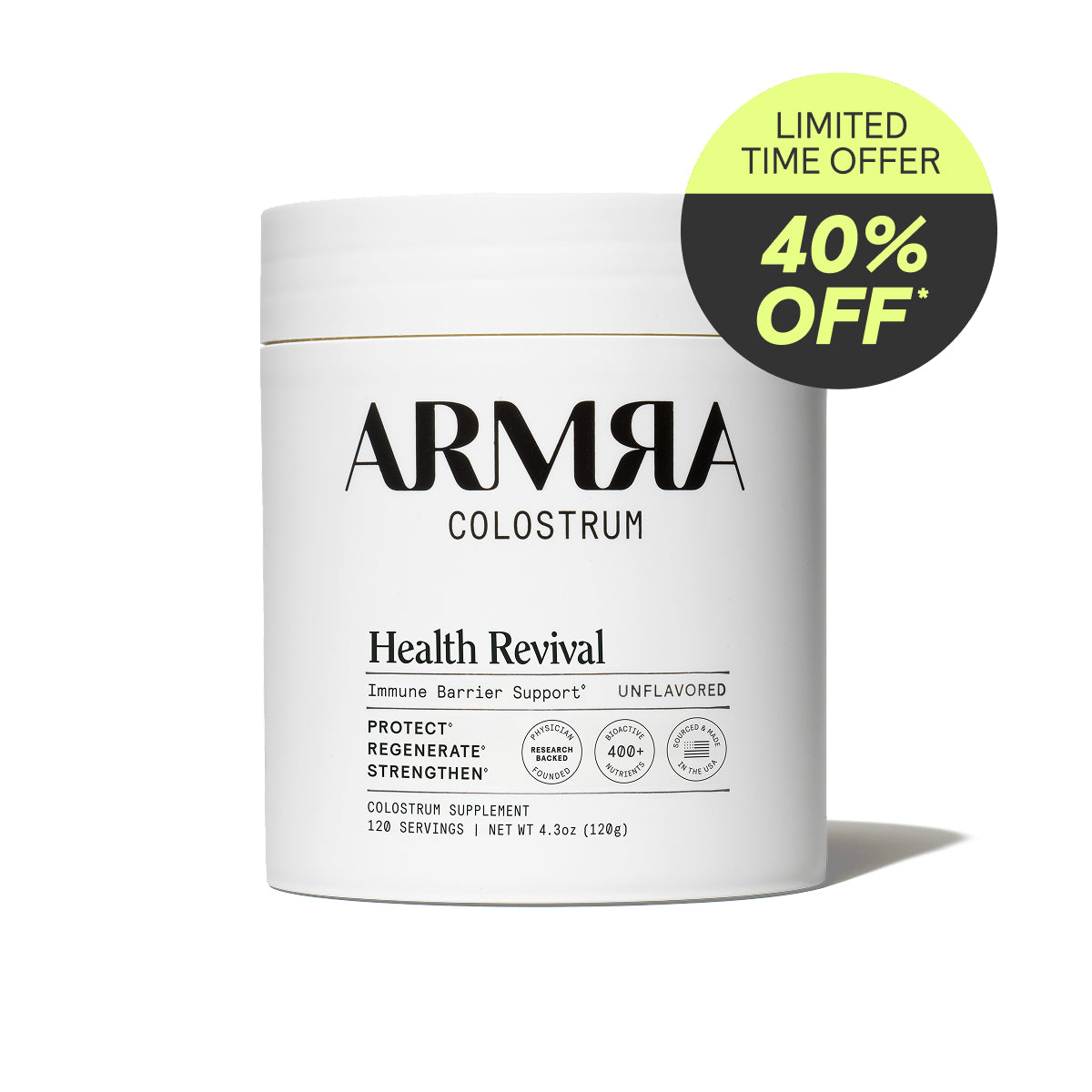 ARMRA Colostrum supplement container on a black background