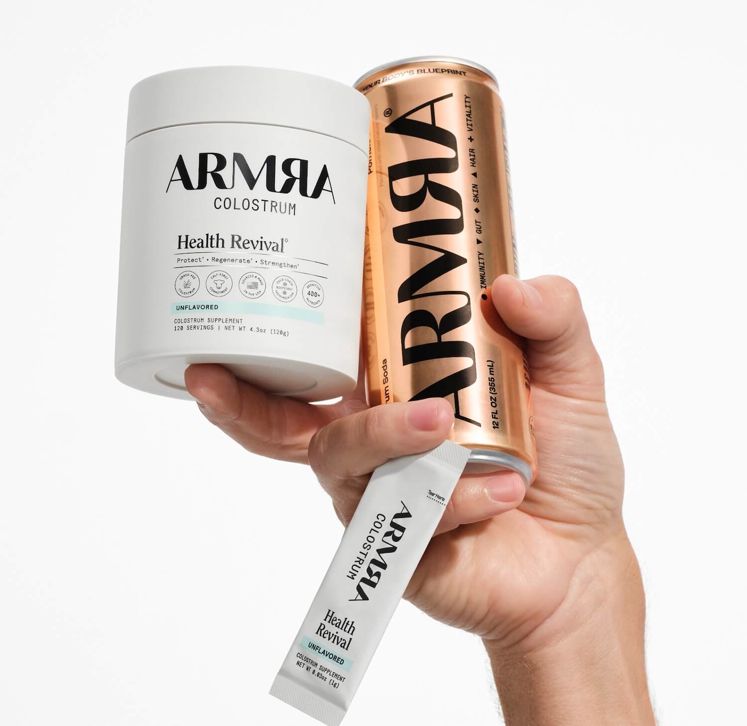 ARMRA Colostrum jar, travel sticks & soda