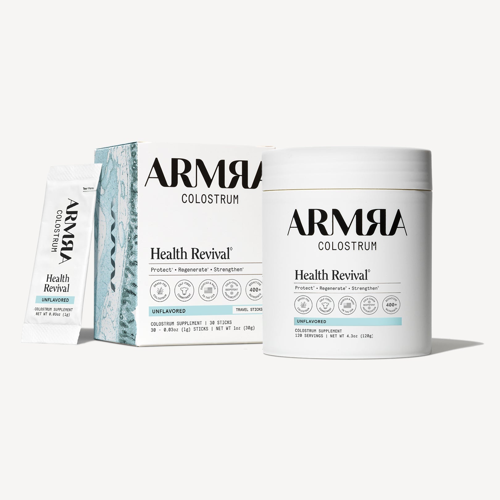 Unflavored Colostrum Bundle: Shop ARMRA Jar & Travel Sticks