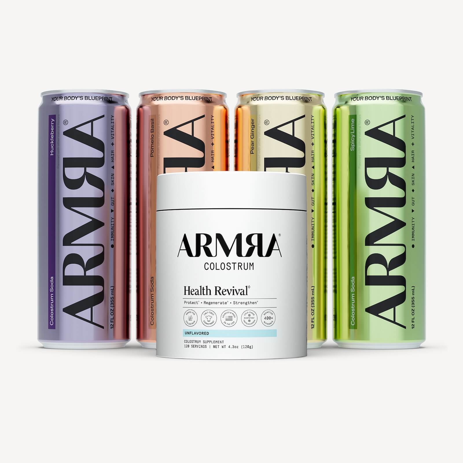 The Totality Set - ARMRA Colostrum Includes: Unflavored Jar & Variety Pack with Huckleberry, Pomelo Basil, Pear Ginger and Spicy Lime