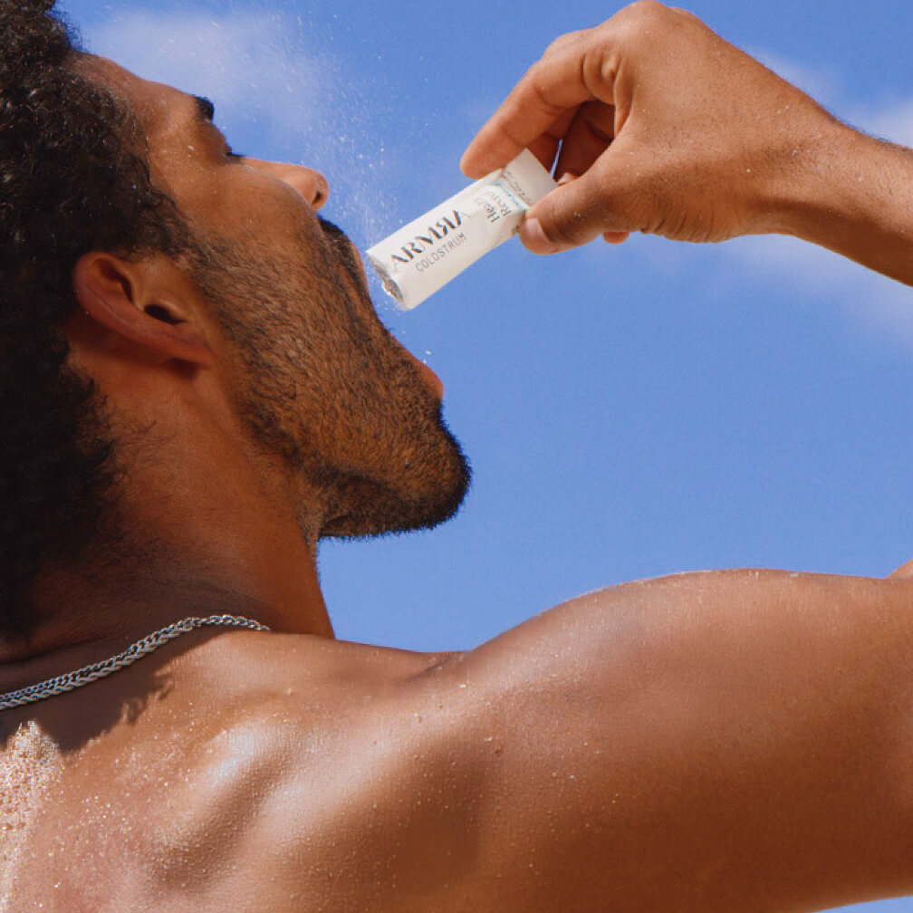 Man dry scooping an unflavored travel stick
